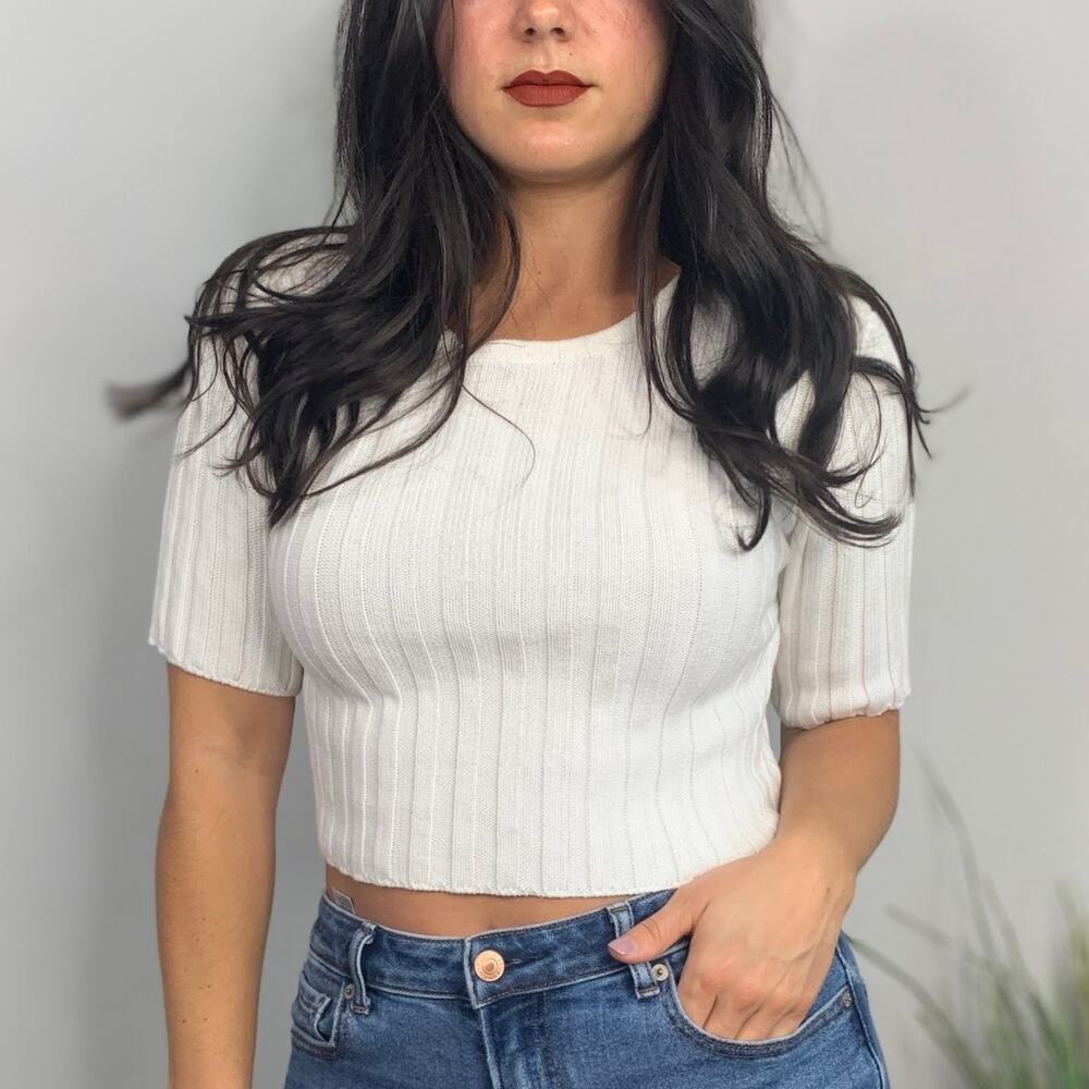 Style Addict White Cropped Crewneck Half Sleeve Sweater